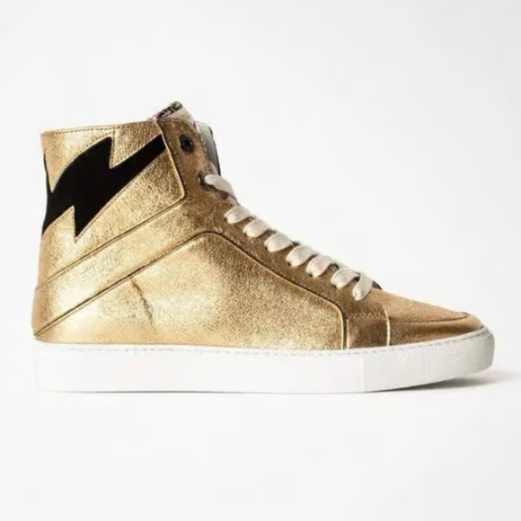 NIB ZADIG&VOLTAIRE Zv1747 High Flash Metal Sneakers 38 Gold Lightning Bolt 7 - Picture 1 of 10
